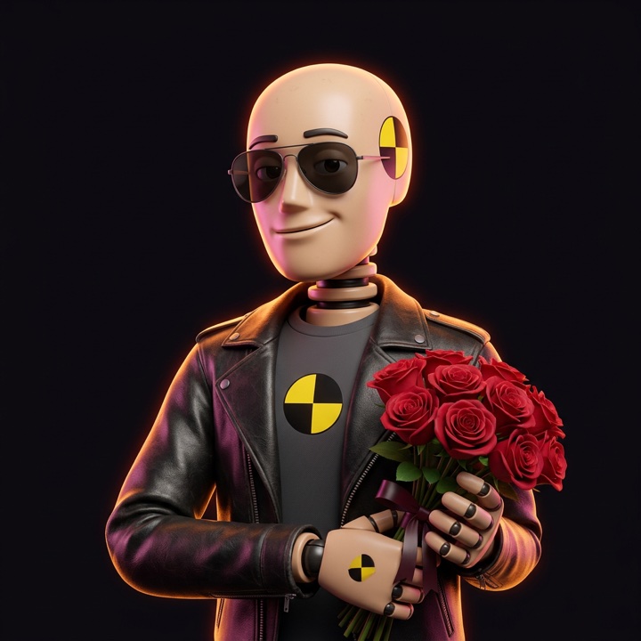 Crash Test Lover, a crash test dummy in a leather jacket holding roses