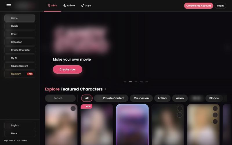 Candy.ai home page screenshot, images blurred