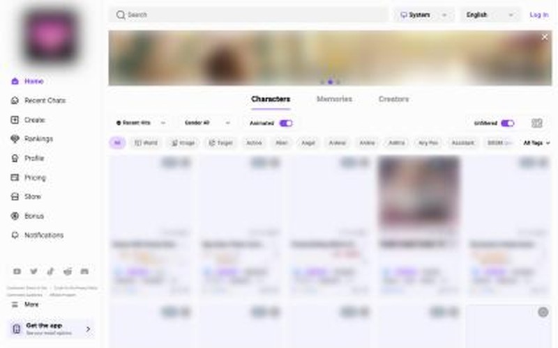 CrushOn.AI home page screenshot, images blurred