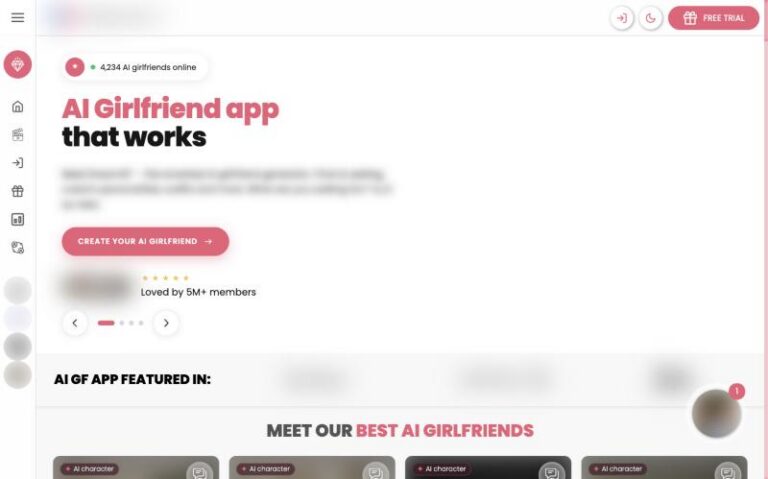 DreamGF home page screenshot, images blurred
