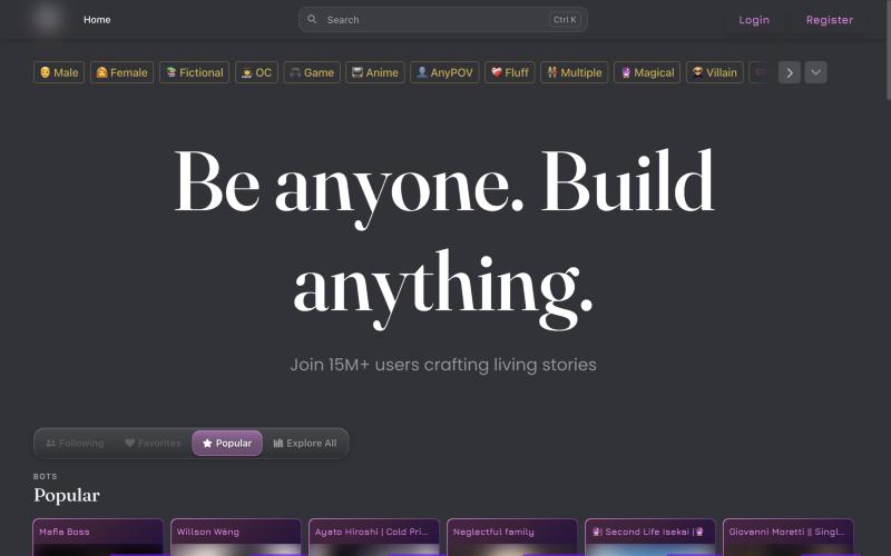 JanitorAI home page screenshot, images blurred