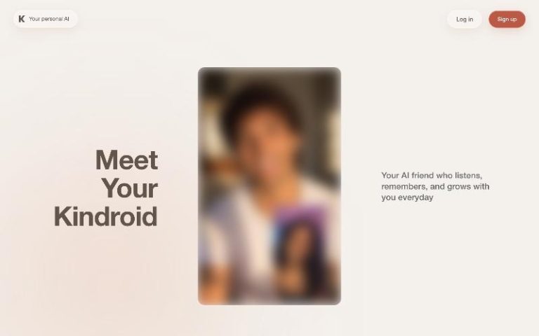 Kindroid home page screenshot, images blurred