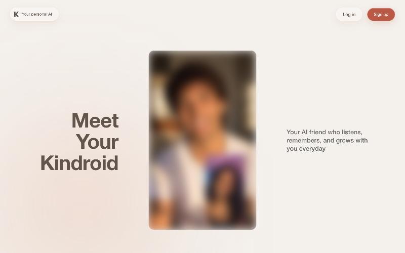 Kindroid home page screenshot, images blurred
