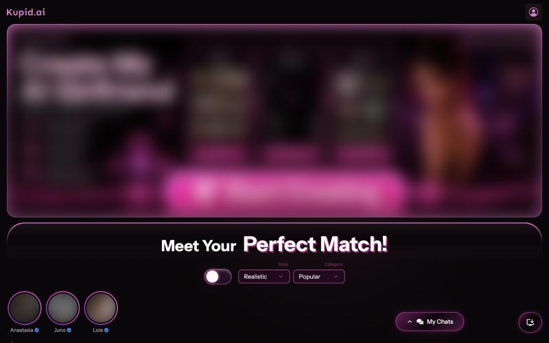 Kupid AI home page screenshot, images blurred