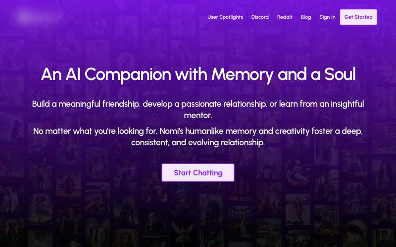 Nomi home page screenshot, images blurred