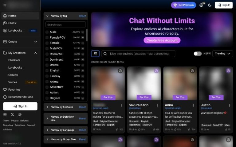 SpicyChat home page screenshot, images blurred